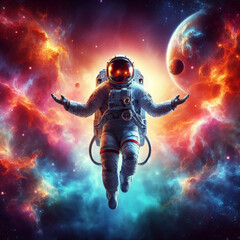 Fototapeta premium Astronaut in shining planet and sparkling universe, Generative AI, 