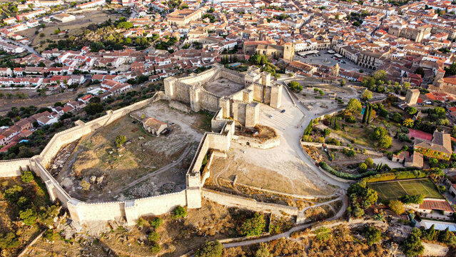 Aerial view of Plaza Major in Trujillo small town in Caceres, Extremadura, Spain.
