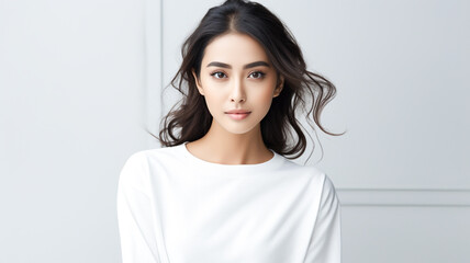 Obraz premium Beautiful asian woman with smooth skin looking at the camera on a white background. 