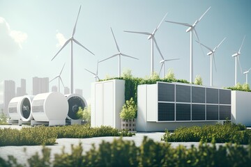 Renewable energy sources include wind turbines, solar panels, heat pumps and other types of clean energy. - obrazy, fototapety, plakaty