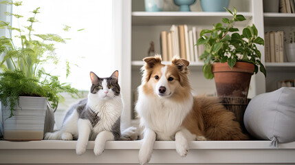 A dog and a cat lie together in the living room - obrazy, fototapety, plakaty