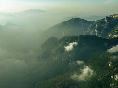 Aerial view of Mount Terminio peak at sunset from Ripe della Falconara lookout, Serino, Campania, Avellino, Italy.