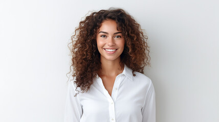 Portrait of a young happy woman smiling on white background.


