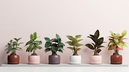 realistic houseplants potted in flowerpots in row, copy space, 16:9