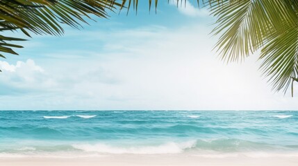Tropical sea beach mockup template and palm leaf on seaside background, copy space, 16:9