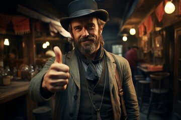 Portrait of mature man in cowboy clothes and hat in a wild west tavern. An experienced man with a weathered face looking confidently and gives a thumbs up. Real courageous cowboy.