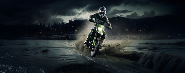 Motocross rider on a motorcycle in forest trail with splashing water, Extreme sports in action...