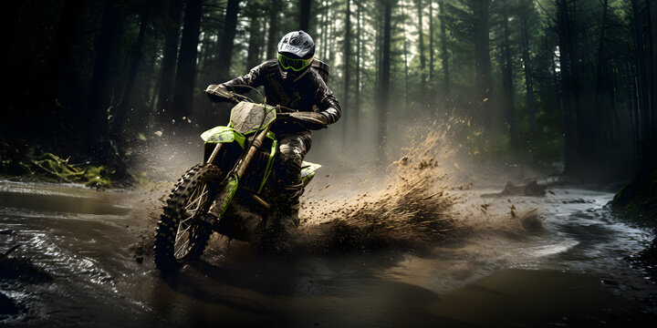 Motocross rider on a motorcycle in forest trail with splashing water, Extreme sports in action motion blur