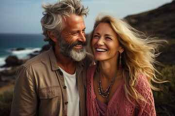 Joyful Senior Couple Embracing in Laughter on Sunny Beach, Exuding Happiness and Love  - Happy Moments Together