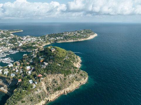 Aerial view of Palombara point and Solchiaro peninsula on Procida Island, Flegree islands archipelagos, Naples, Campania, italy.