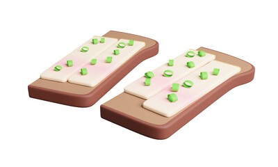 Bread with salo. Salo with rye bread and onions. 3d rendering