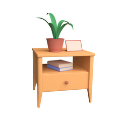Bedside wooden table with flower pot and books, illustration isolated on white background. Element of the interior of home furniture is a stand or table. 3d rendering
