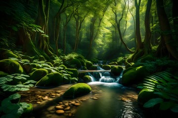 A tranquil forest scene with vibrant, lush greenery and a gentle stream flowing through the...