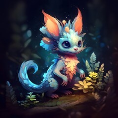 Fantasy illustration of a cute little blue dragon in the forest.