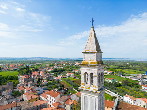 Aerial view of Vodnjan bell tower's church in Vodnjan small town in Istria region, Croatia.