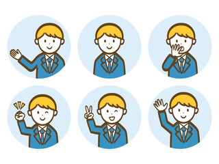 シンプルな男性会社員のアイコンイラストセット_ブルースーツ
