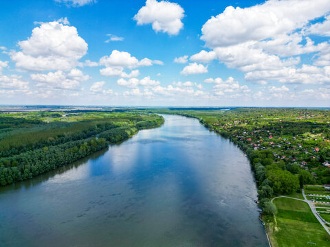 Aerial view of the Danube river dividing the border between Croatia and Serbia, Gornje Podunavlje Natural reserve, Aljmas, Osijek-Baranja, Croatia.