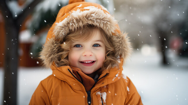 A child with a thick winter jacket outside in the snow in winter