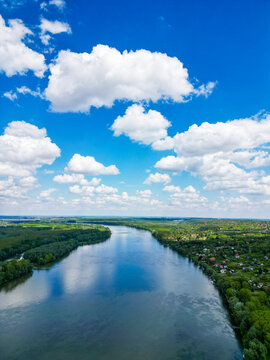 Aerial view of the Danube river dividing the border between Croatia and Serbia, Gornje Podunavlje Natural reserve, Aljmas, Osijek-Baranja, Croatia.