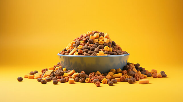 Dry cat food in bowl on yellow background. Vitamins and nutrients for good health and energy of pets. Copy space.