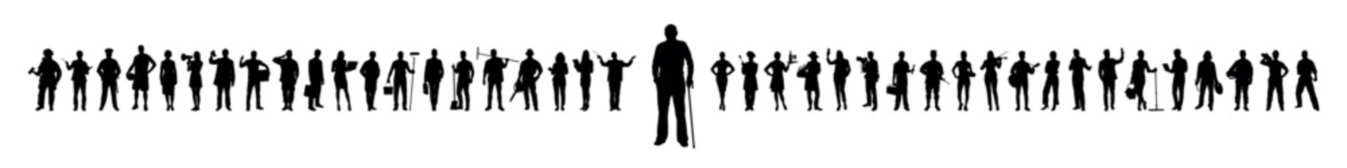 Elderly man pensioner with walking stick standing in front of group young people with various jobs or occupations vector silhouettes set. - obrazy, fototapety, plakaty