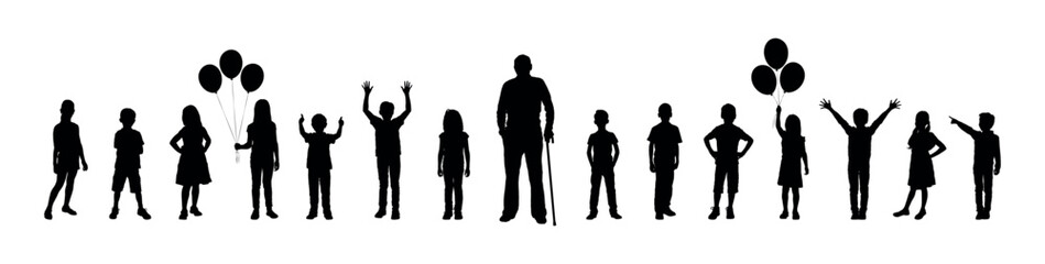 Grandfather standing together with his grandchildren portrait in row vector silhouette.