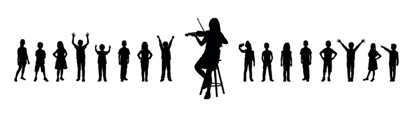 Girl playing violin in front of group of children in row vector silhouette.