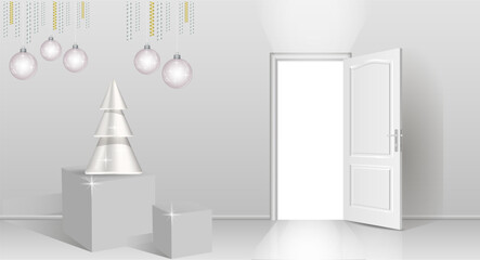 The interior of an empty room with a white wall, an open door and a Christmas tree.
Free space for copying, 3d image.