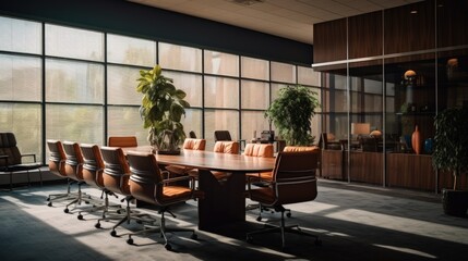 Fototapeta premium Bright Ideas Room: Sunlit Modern Conference Room with Nature-Inspired Artwork