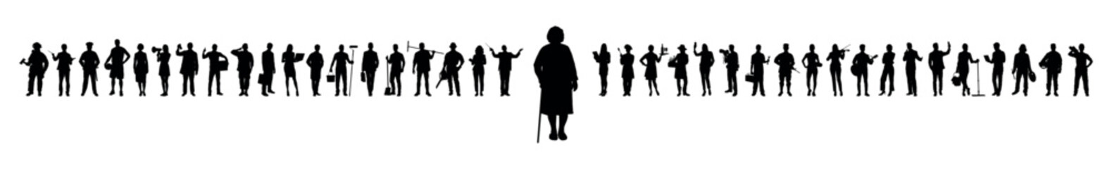Grandmother pensioner with walking stick standing in front of group people with various jobs or occupations vector silhouettes. - obrazy, fototapety, plakaty