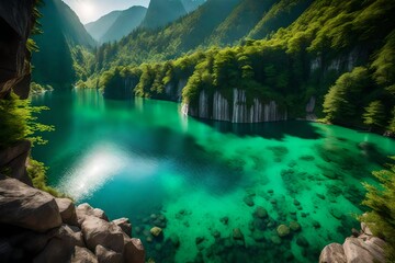 A breathtaking view of a serene, emerald-green lake surrounded by towering cliffs and cascading waterfalls. -- - obrazy, fototapety, plakaty