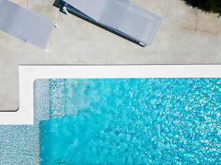 Aerial view of a small swimming pool in a residential house in Kurili, Kanfanar, Istria, Croatia.