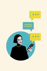 Vertical collage image of black white effect girl arm hold use smart phone chatting dialogue bubble isolated on creative background