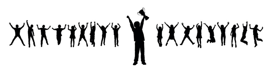 Kid boy holding trophy in front of group of happy jumping kids vector silhouette. Boy raising his hands with trophy celebrating victory black silhouette.