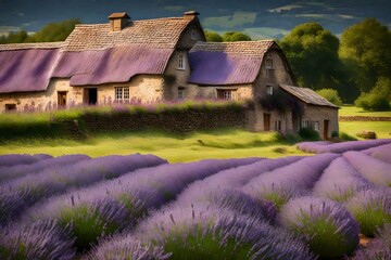 An idyllic countryside scene with rolling fields of lavender and a ch