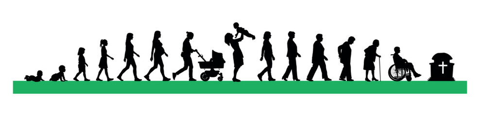 Life cycles of woman from a little baby to senior woman vector graphic black silhouette. Life cycle of a woman growing from birth to death life stages silhouette.