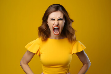 Angry young adult Caucasian woman yelling on yellow background. Neural network generated image. Not based on any actual person or scene.