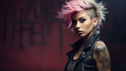 Edgy Allure: Pink-Haired Punk Fashionista in Leather - obrazy, fototapety, plakaty