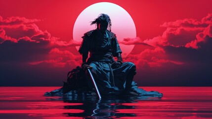 Twilight Warrior: Samurai Silhouette Against Crimson Moon - obrazy, fototapety, plakaty
