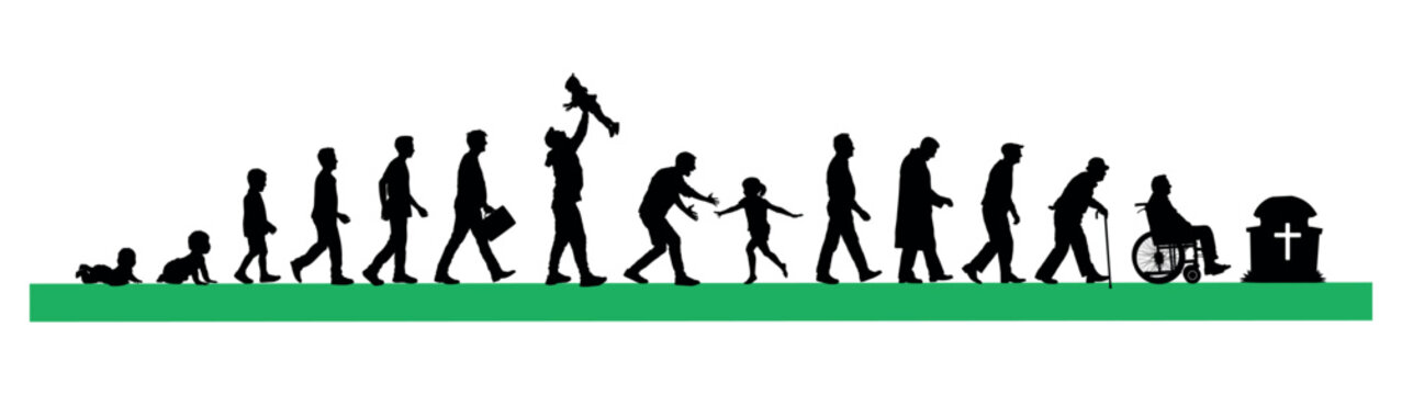 Life cycle of a man growing from birth to death life stages silhouette. Life cycles of man aging from a little baby to old senior man vector silhouette. 