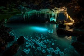 A tranquil, hidden cave with an underground river, illuminated by the soft glow of bioluminescent fungi and crystals. --
