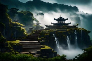 A serene, mountaintop temple surrounded by mist and clouds, with cascading waterfalls and terraced g