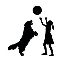 Little girl playing ball with a dog side view vector silhouette.