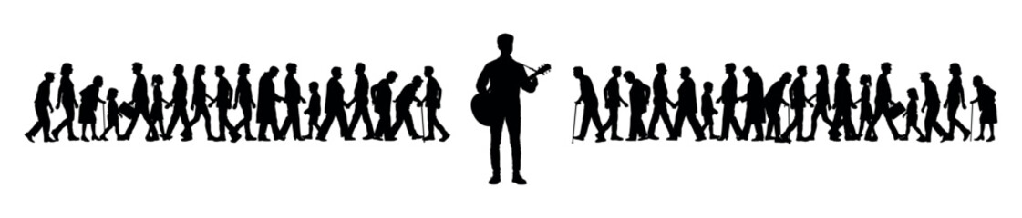 Male street musician playing guitar in front of crowd people walking on street vector silhouette.
