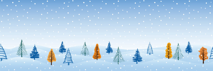 Winter landscape, cartoon nature, hills with forest and falling snow, seamless border, vector illustration