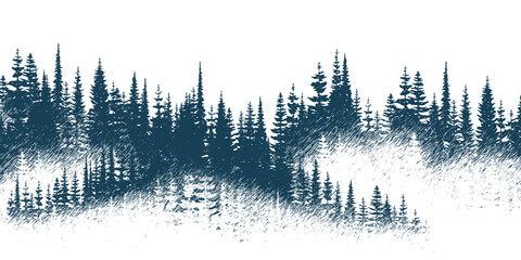 The forest in the fog, imitation of a pencil drawing, vector sketch, isolated on a white background - obrazy, fototapety, plakaty