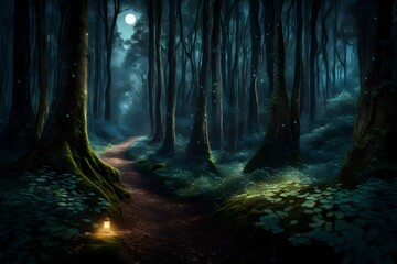 An enchanting, moonlit forest with ancient, towering trees and a path illuminated by the soft,...