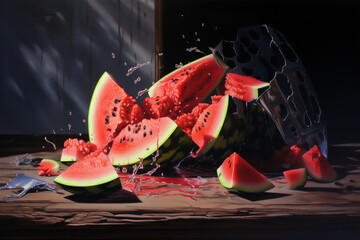 a slice watermelon in close up, lots of black seeds, hyper realistic, dramatic light and shadows, white bright background,