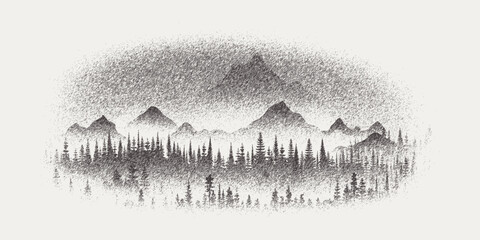 Vector sketch, mountains and forest, imitation of a pencil drawing	
