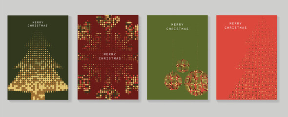 Set of happy new year and merry christmas concept background. Elements of decorative bauble, christmas tree, snowflakes, halftone texture. Art design for card, poster, cover, banner, decoration.